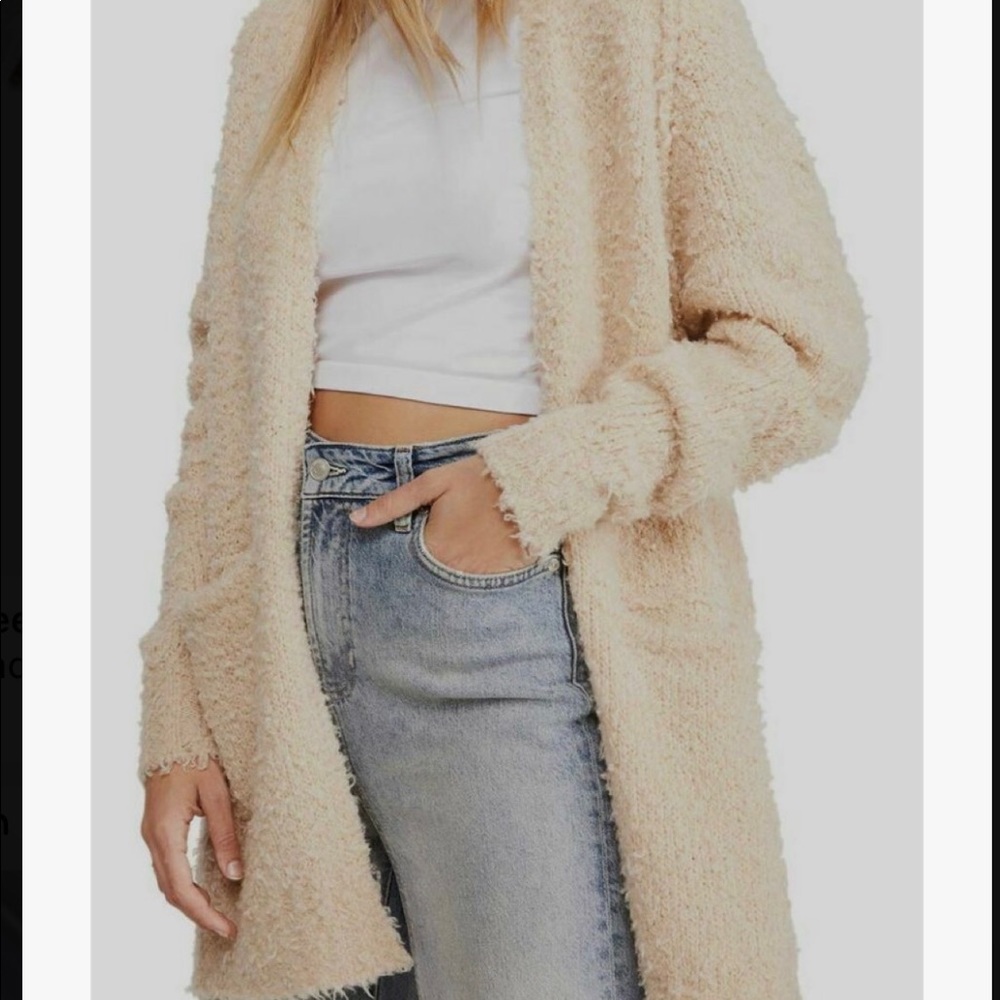 NWOT Free People Women's Beige Stretch Open-Front Wool Cardigan Sweater